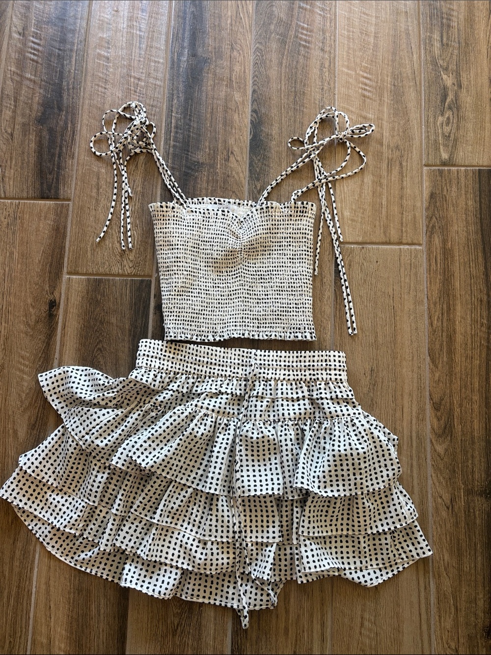 Charlies White Crop Tank & Ruffled Mini Skirt Set with Black Dot Print